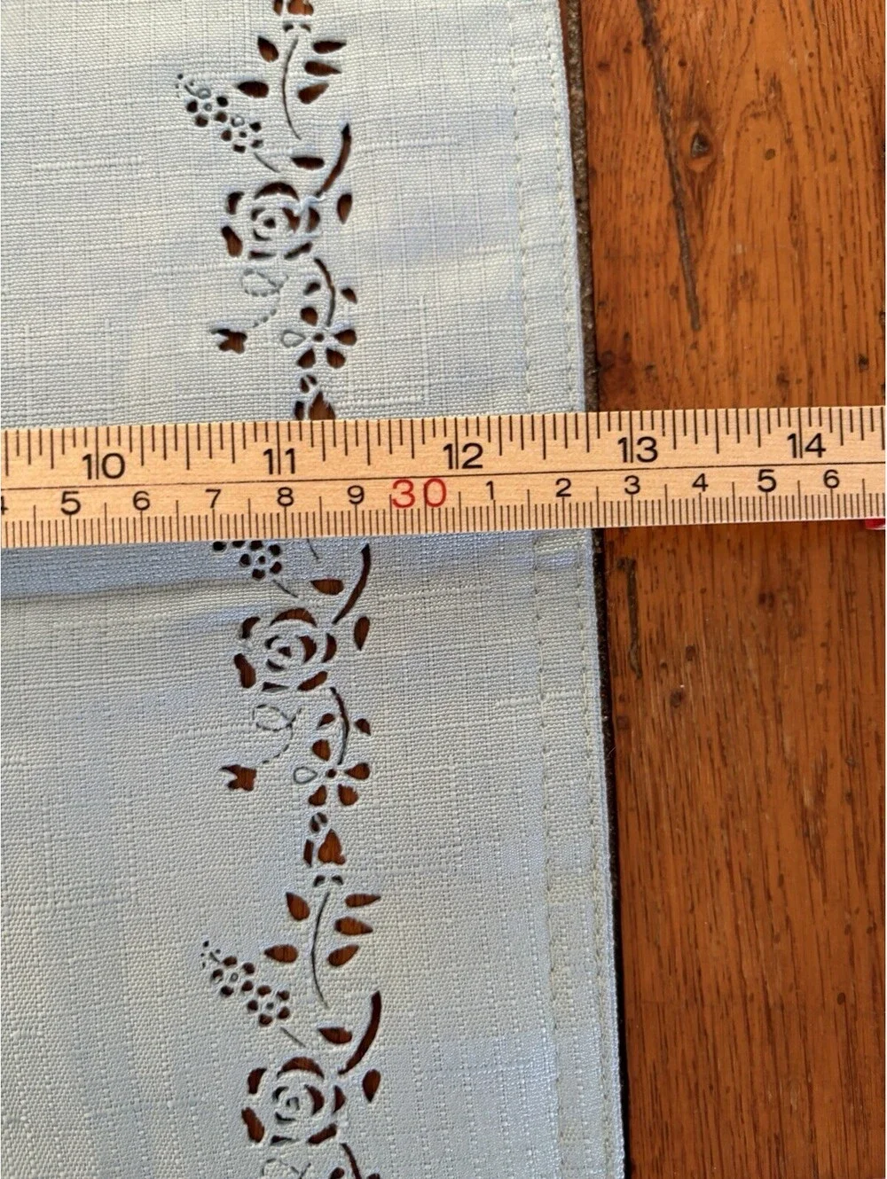 Vintage Style Table Runner Solid Blue Green With Cutwork Floral Border  12x68”